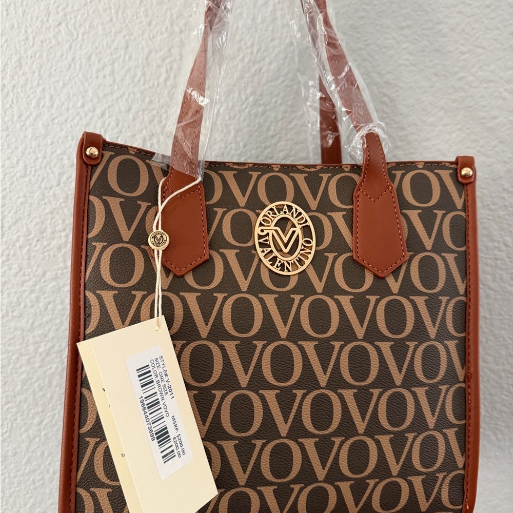 Valentino Brown Logo-Print Tote with Tan Trim-NWT